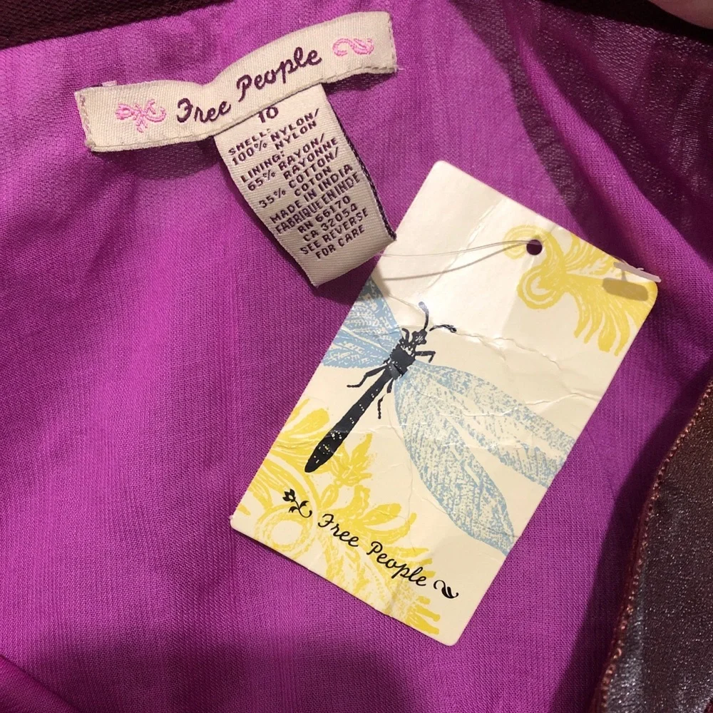 Free People Boho Skirt Women 10 Silky Embroidered Shell Solid Lining Merlot New - Picture 5 of 6